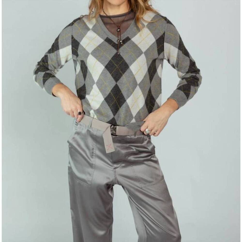 NEW BRAZEAU TRICOT argyle v-neck sweater in feather